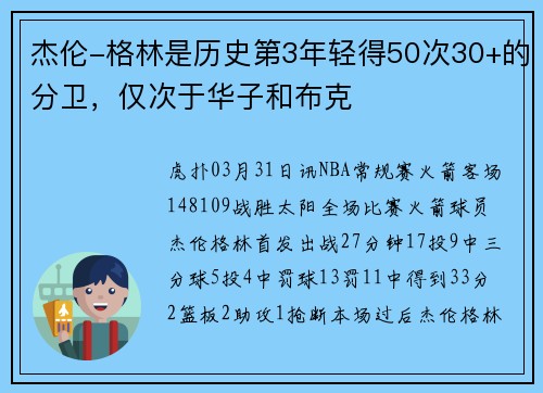 杰伦-格林是历史第3年轻得50次30+的分卫，仅次于华子和布克