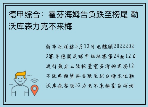 德甲综合：霍芬海姆告负跌至榜尾 勒沃库森力克不来梅